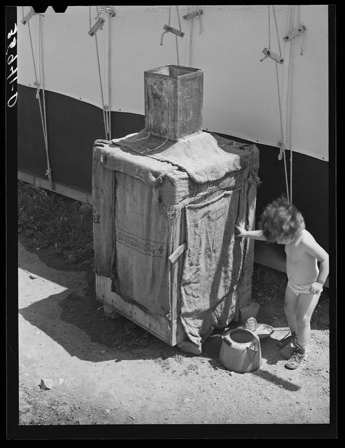 Morman refrigerator used by caretaker at Tonto National Monument. Gila County, Arizona. Water placed in tin container on top drips over the burlap and rapid evaporation in the atmosphere produces the cooling effect