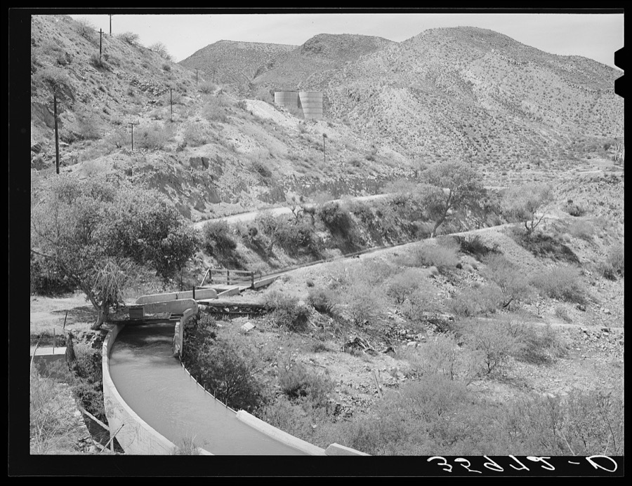 Main irrigation ditches follow the hillsides from Roosevelt Dam. Gila County, Arizona