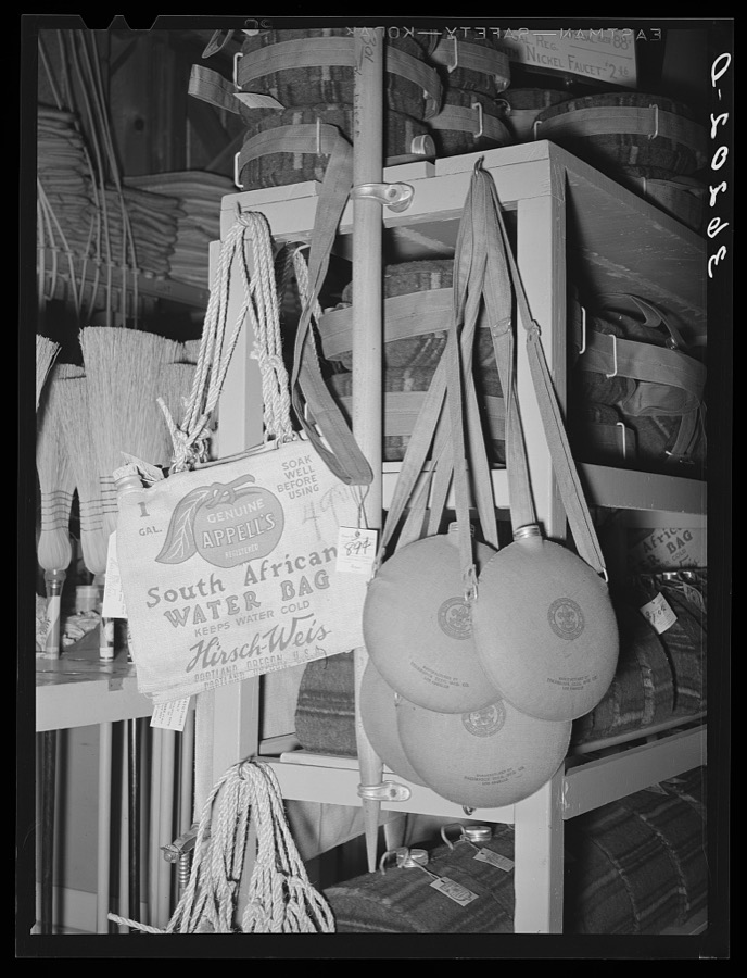 Water bags and canteens, necessities in the arid Southwest, on sale at the United Producers and Consumers Cooperative. Phoenix, Arizona