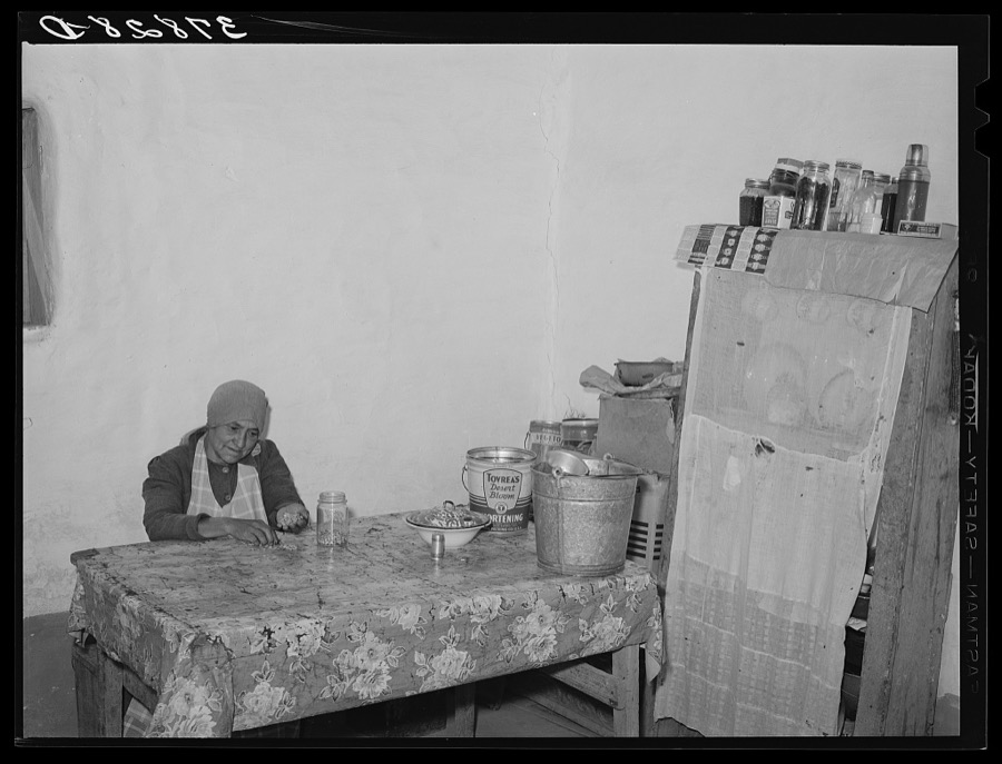 Wife of farmer of Spanish extraction picking over beans for cooking. Concho, Arizona