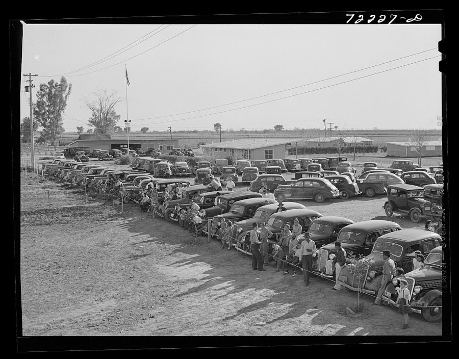 Automobiles of farm workers at the second annual field day  at the FSA (Farm Security Administration) farm workers' community. Yuma, Arizona