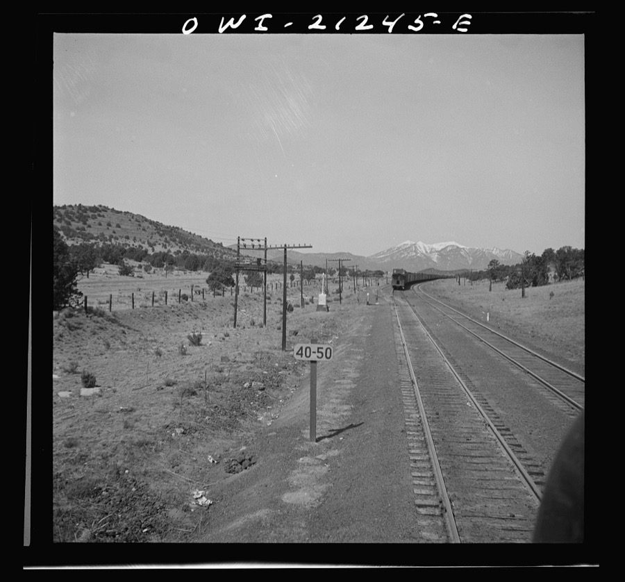 Winona, Arizona. Passing another freight train in a siding along the Atchison, Topeka and Santa Fe Railroad between Winslow and Seligman, Arizona