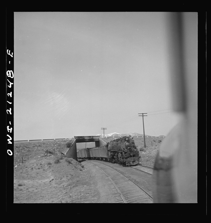 Winona, Arizona. Passing another freight train in a siding along the Atchison, Topeka and Santa Fe Railroad between Winslow and Seligman, Arizona
