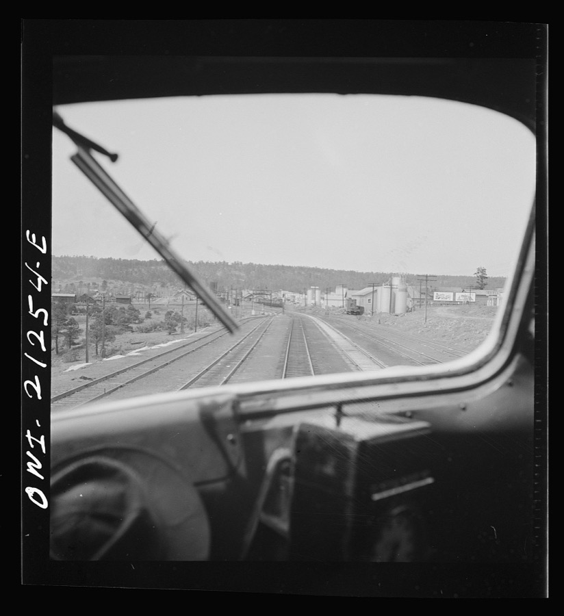 Flagstaff, Arizona. Entering the town along the Atchison, Topeka, and Santa Fe Railroad between Winslow and Seligman, Arizona