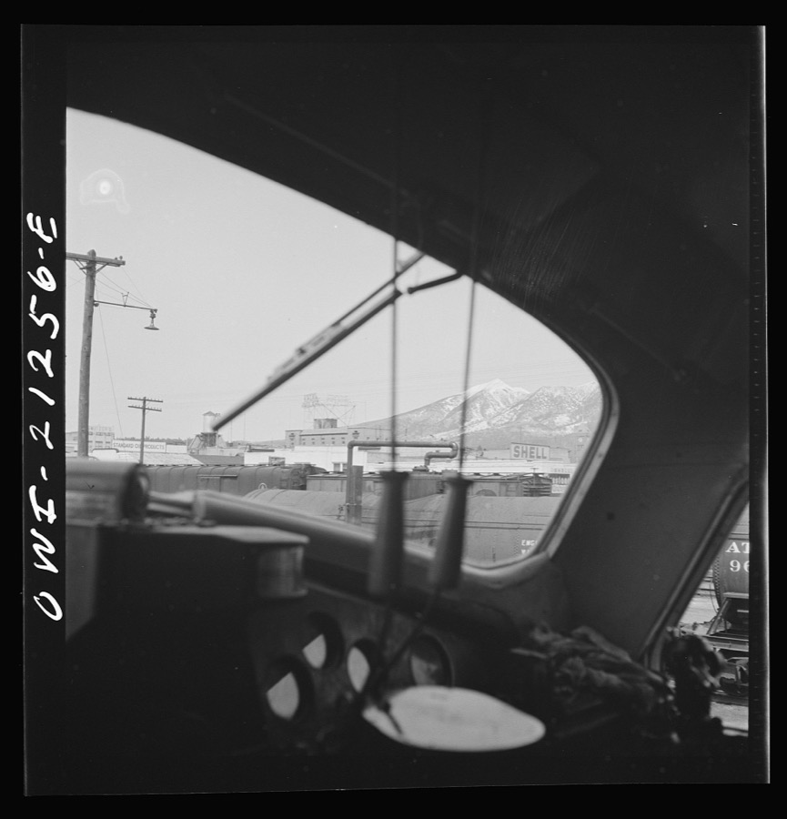 Flagstaff, Arizona. Entering the town along the Atchison, Topeka, and Santa Fe Railroad between Winslow and Seligman, Arizona