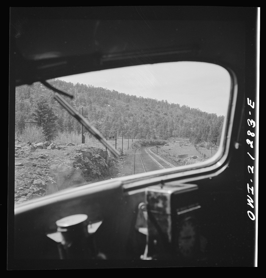 Flagstaff, Arizona. Heading west into the mountains along the Atchison, Topeka, and Santa Fe Railroad between Winslow and Seligman, Arizona