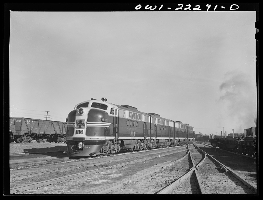 Winslow, Arizona. Atchison, Topeka, and Santa Fe Railroad diesel freight locomotive which has just come out of the roundhouse