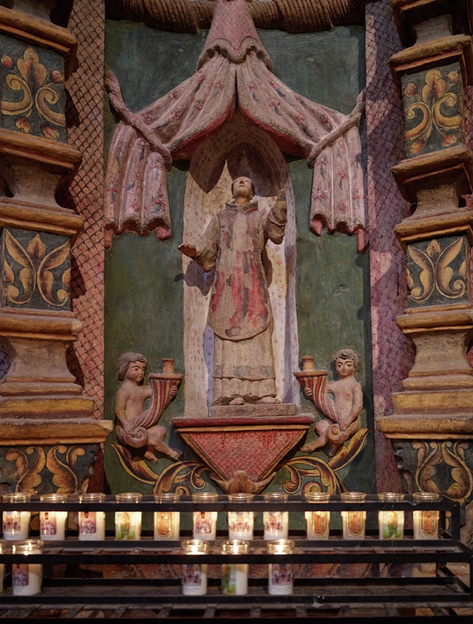 Ornate sanctuary details within the Mission San Xavier del Bac, a Spanish Catholic mission, completed in 1797 on what is now the Tohono O'odham San Xavier Indian Reservation in Pima County, Arizona, just south of Tucson