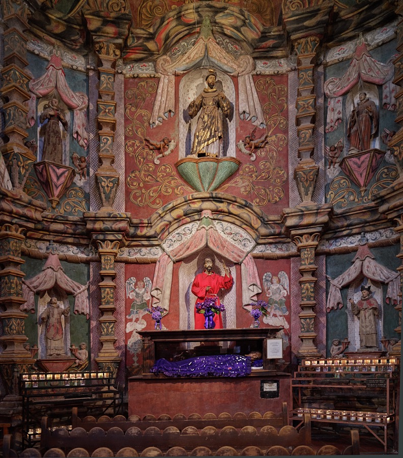 Ornate sanctuary details within the Mission San Xavier del Bac, a Spanish Catholic mission, completed in 1797 on what is now the Tohono O'odham San Xavier Indian Reservation in Pima County, Arizona, just south of Tucson