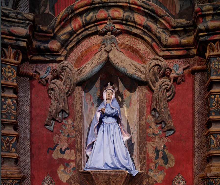 Ornate sanctuary details within the Mission San Xavier del Bac, a Spanish Catholic mission, completed in 1797 on what is now the Tohono O'odham San Xavier Indian Reservation in Pima County, Arizona, just south of Tucson