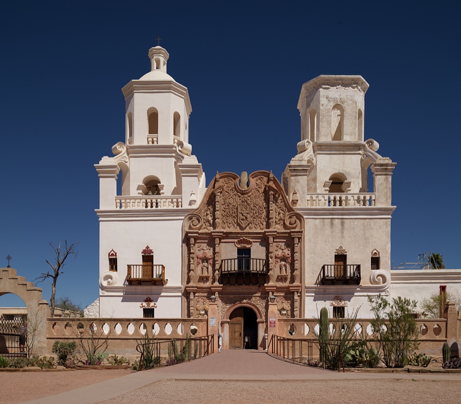 The Mission San Xavier del Bac, a Spanish Catholic mission, completed in 1797 on what is now the Tohono O'odham San Xavier Indian Reservation in Pima County, Arizona, just south of Tucson