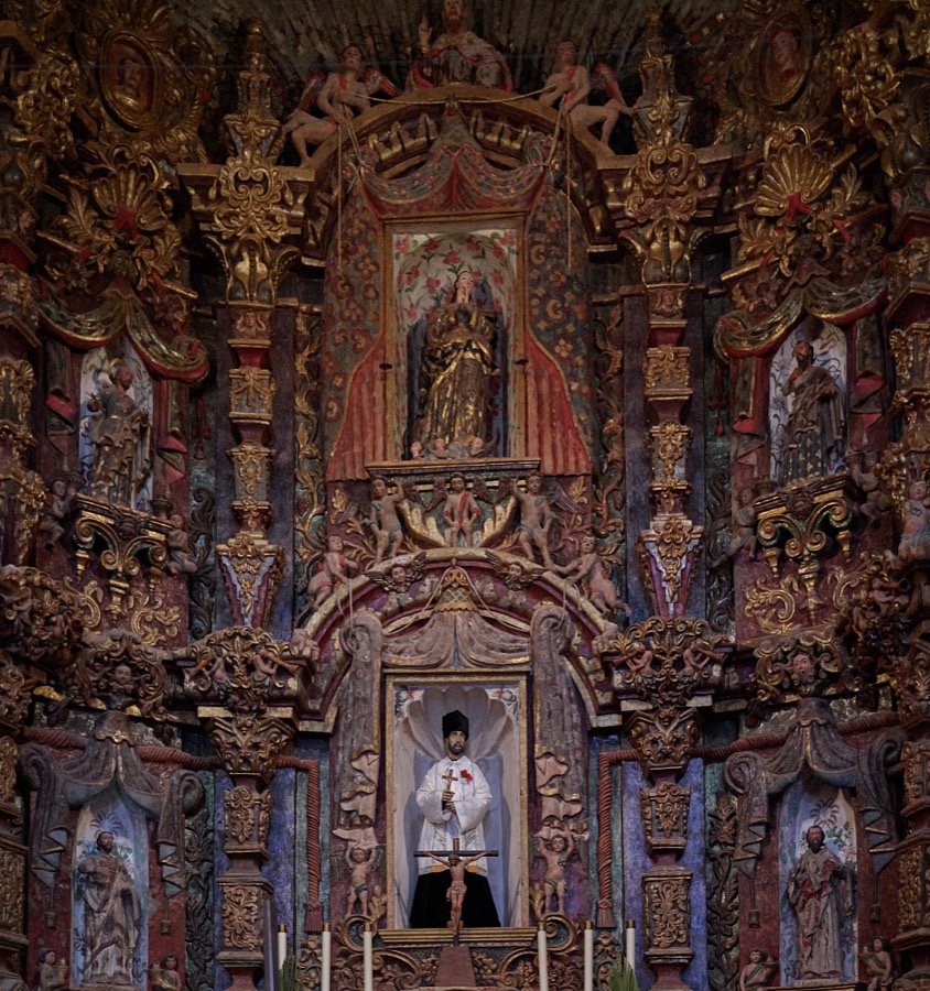 Ornate sanctuary details within the Mission San Xavier del Bac, a Spanish Catholic mission, completed in 1797 on what is now the Tohono O'odham San Xavier Indian Reservation in Pima County, Arizona, just south of Tucson