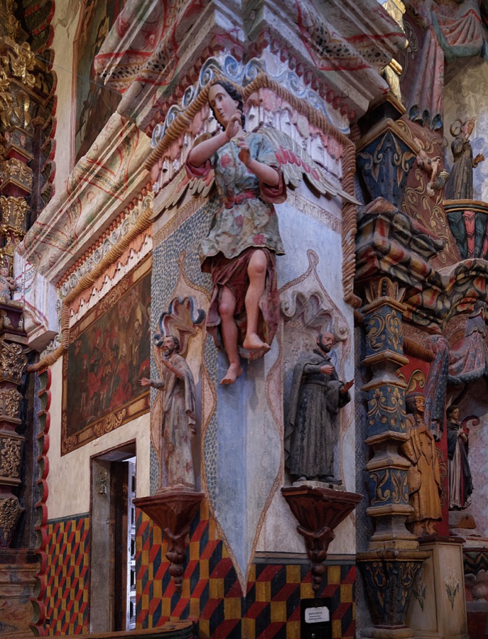 Ornate sanctuary details within the Mission San Xavier del Bac, a Spanish Catholic mission, completed in 1797 on what is now the Tohono O'odham San Xavier Indian Reservation in Pima County, Arizona, just south of Tucson