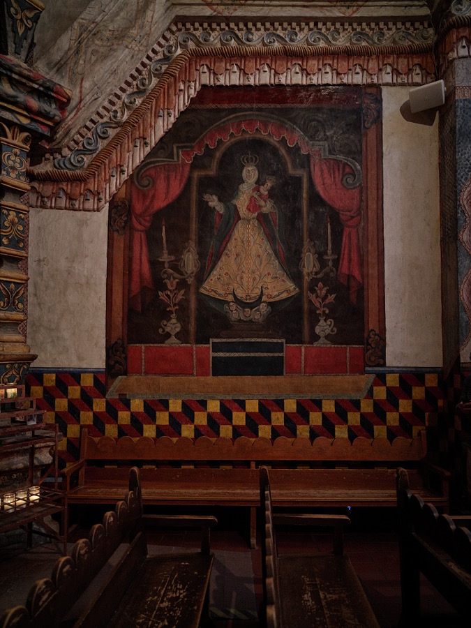 Ornate sanctuary details within the Mission San Xavier del Bac, a Spanish Catholic mission, completed in 1797 on what is now the Tohono O'odham San Xavier Indian Reservation in Pima County, Arizona, just south of Tucson