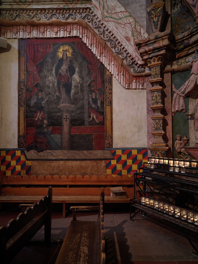 Ornate sanctuary details within the Mission San Xavier del Bac, a Spanish Catholic mission, completed in 1797 on what is now the Tohono O'odham San Xavier Indian Reservation in Pima County, Arizona, just south of Tucson