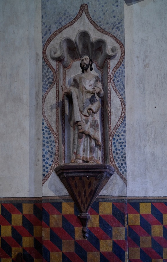 Ornate sanctuary detail within the Mission San Xavier del Bac, a Spanish Catholic mission, completed in 1797 on what is now the Tohono O'odham San Xavier Indian Reservation in Pima County, Arizona, just south of Tucson