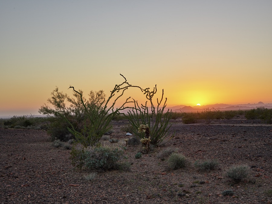 Sunset over the desert and distant Castle Dome Mountains in Yuma County, Arizona