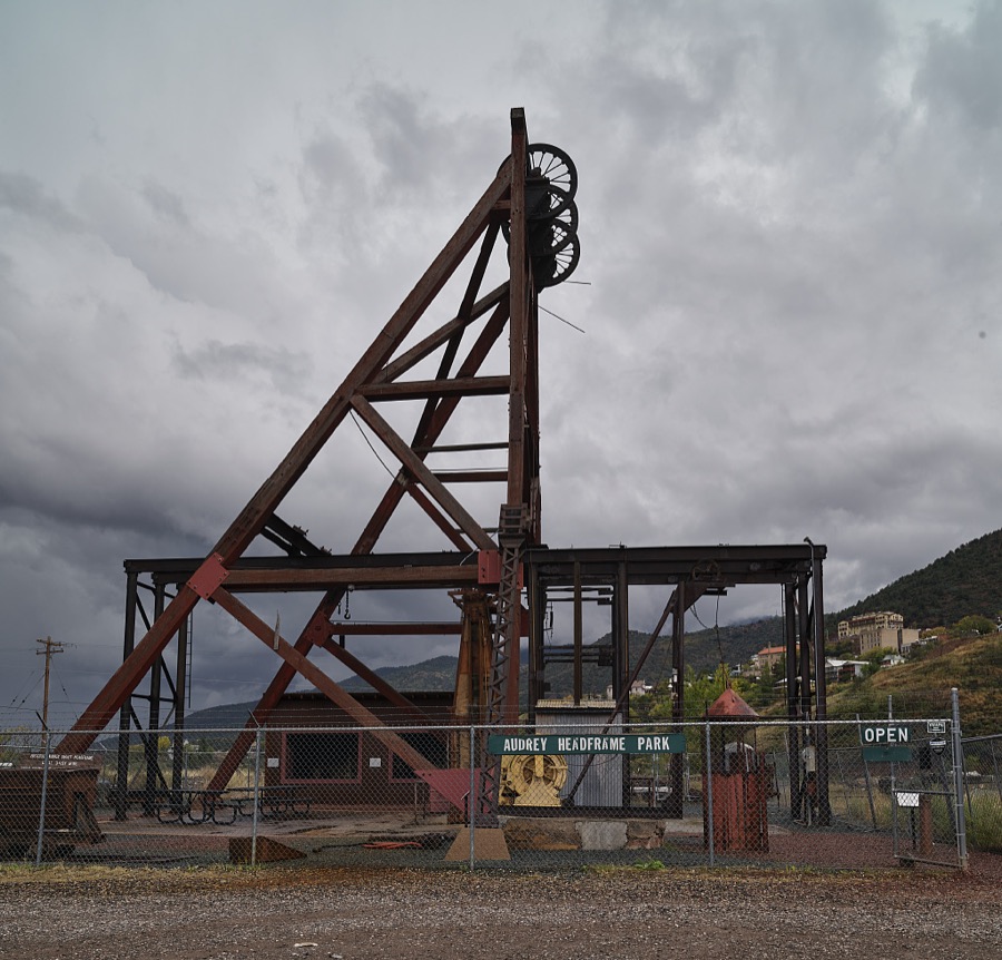 Part of the old Audrey Mine headframe in the old mining boomtown of Jerome, on Cleopatra Hill overlooking the Verde Valley in Yavapai County, Arizona. A headframe, sometimes called a gallows frame, is a winding tower, hoist frame, or headgear atop a deep mine shaft