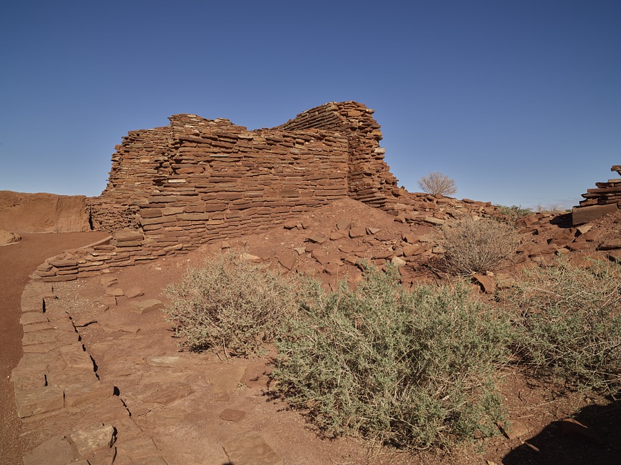 A portion of the largest pueblo at the Wupatki National Monument, a National Park Service-protected settlement of structures built by ancient Puebloan people beginning about 500 A.D., northeast of what is now Flagstaff in Coconino County, Arizona