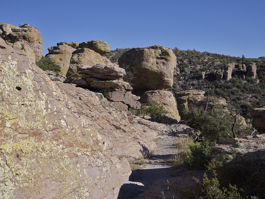 Rock formations at Chiricahua National Monument, a National Park Service unit in Cochise County, Arizona, that includes balanced rocks and hoodoos, thin spires of rock that protrude from the bottom of an arid badland