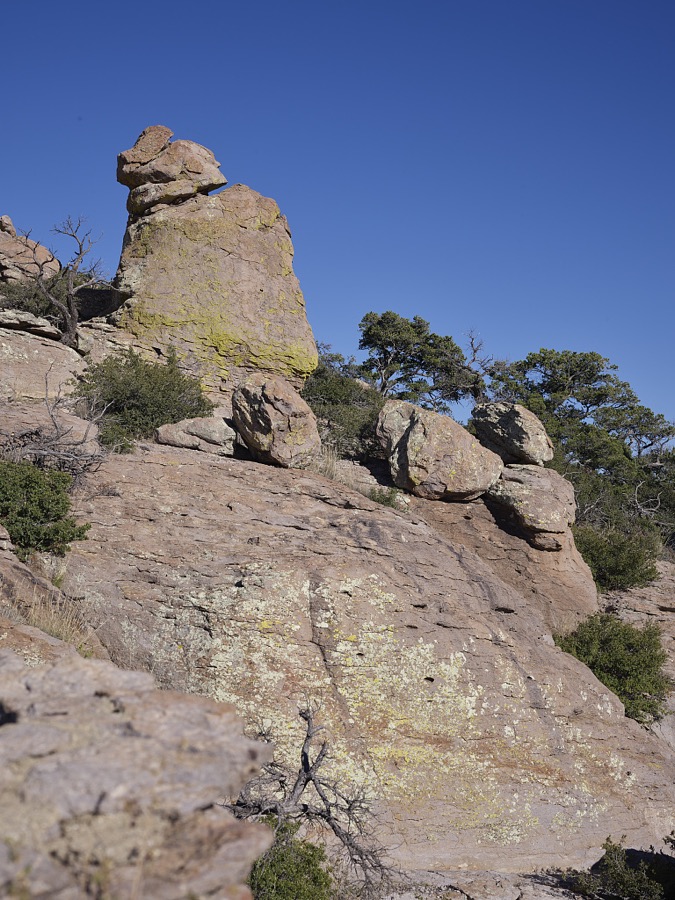 Rock formations at Chiricahua National Monument, a National Park Service unit in Cochise County, Arizona, that includes balanced rocks and hoodoos, thin spires of rock that protrude from the bottom of an arid badland