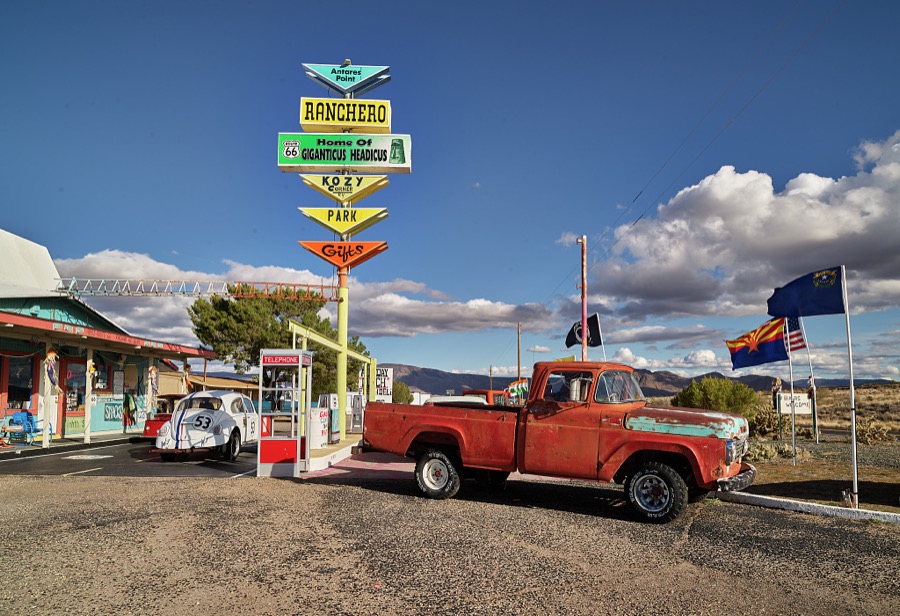 This old truck outside the gift shop outside the old Ranchero Motel in the tiny settlement of Anteres, Arizona, in Mohave County along U.S. Highway 66 once advertised the Grand Canyon Caverns, miles down the road near Peach Springs