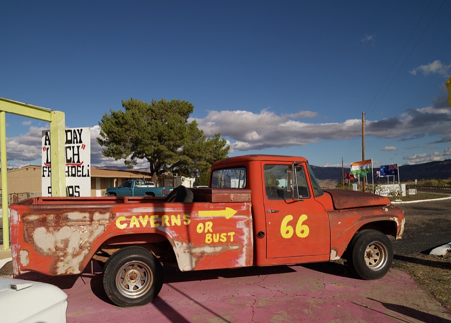 This old truck outside the gift shop outside the old Ranchero Motel in the tiny settlement of Anteres, Arizona, in Mohave County along U.S. Highway 66 once advertised the Grand Canyon Caverns, miles down the road near Peach Springs