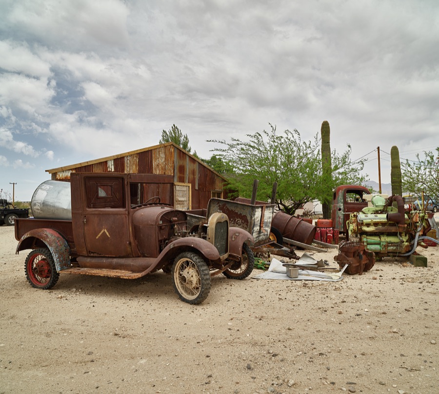 Rusted relics in an "automobile graveyard" near Yucca, Arizona