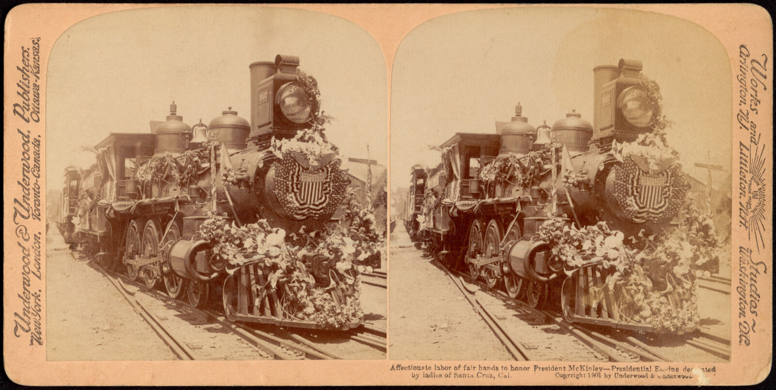 Affectionate labor of fair hands to honor President McKinley -- presidential engine de[cor]ated by ladies of Santa Cruz, Cal., Boston Public Library - undated