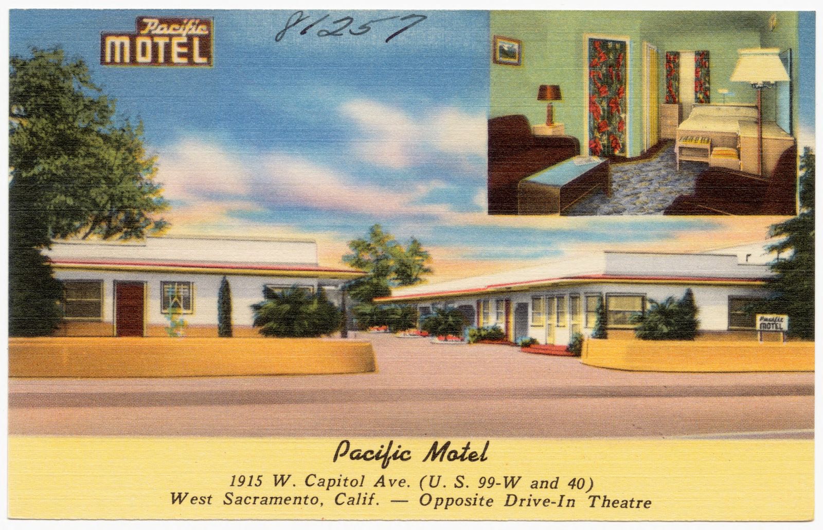 Pacific Motel, 1915 W. Capitol Ave. (U. S. 99-W and 40), West Sacramento, Calif. -- Opposite Drive-In Theatre, Boston Public Library - undated