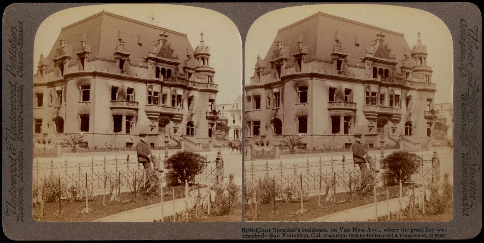 Claus Spreckel's residence, on Van Ness Ave., where the great fire was checked -- San Francisco, Cal., Boston Public Library - undated