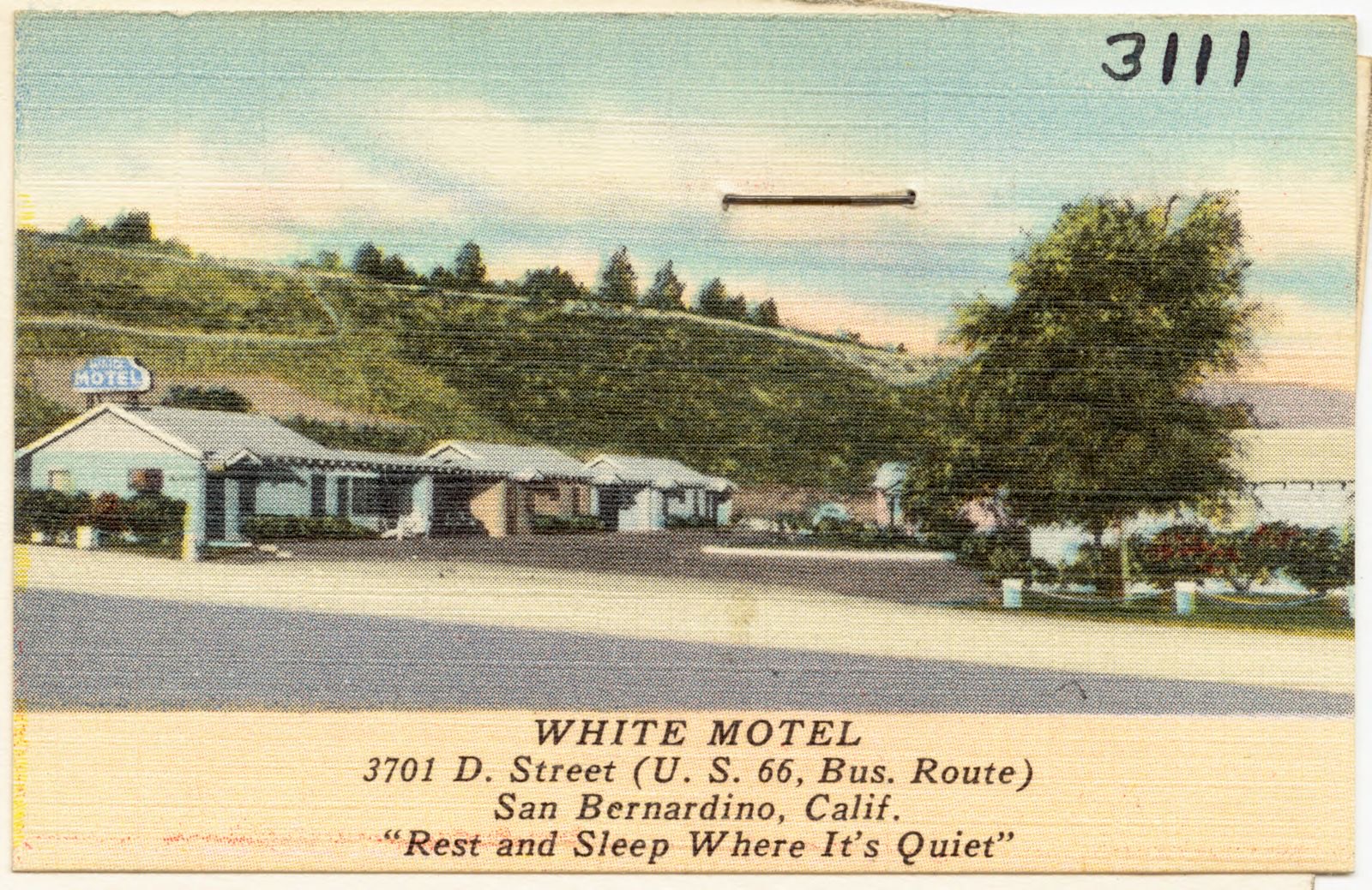White Motel, 3701 D. Street (U. S. 66, Bus. Route), San Bernardino, Calif., "Rest and sleep where it's quiet", Boston Public Library - undated