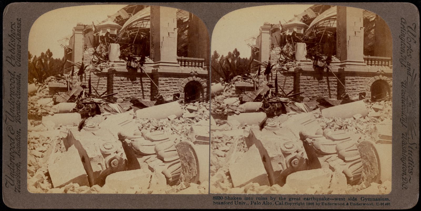 Shaken into ruins by the great earthquake -- west side gymnasium, Stanford Univ., Palo Alto, Cal., Boston Public Library - undated
