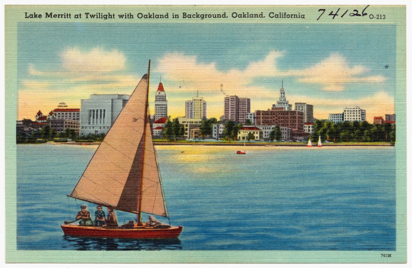 Lake Merritt at twilight with Oakland in background, Oakland, California, Boston Public Library - undated