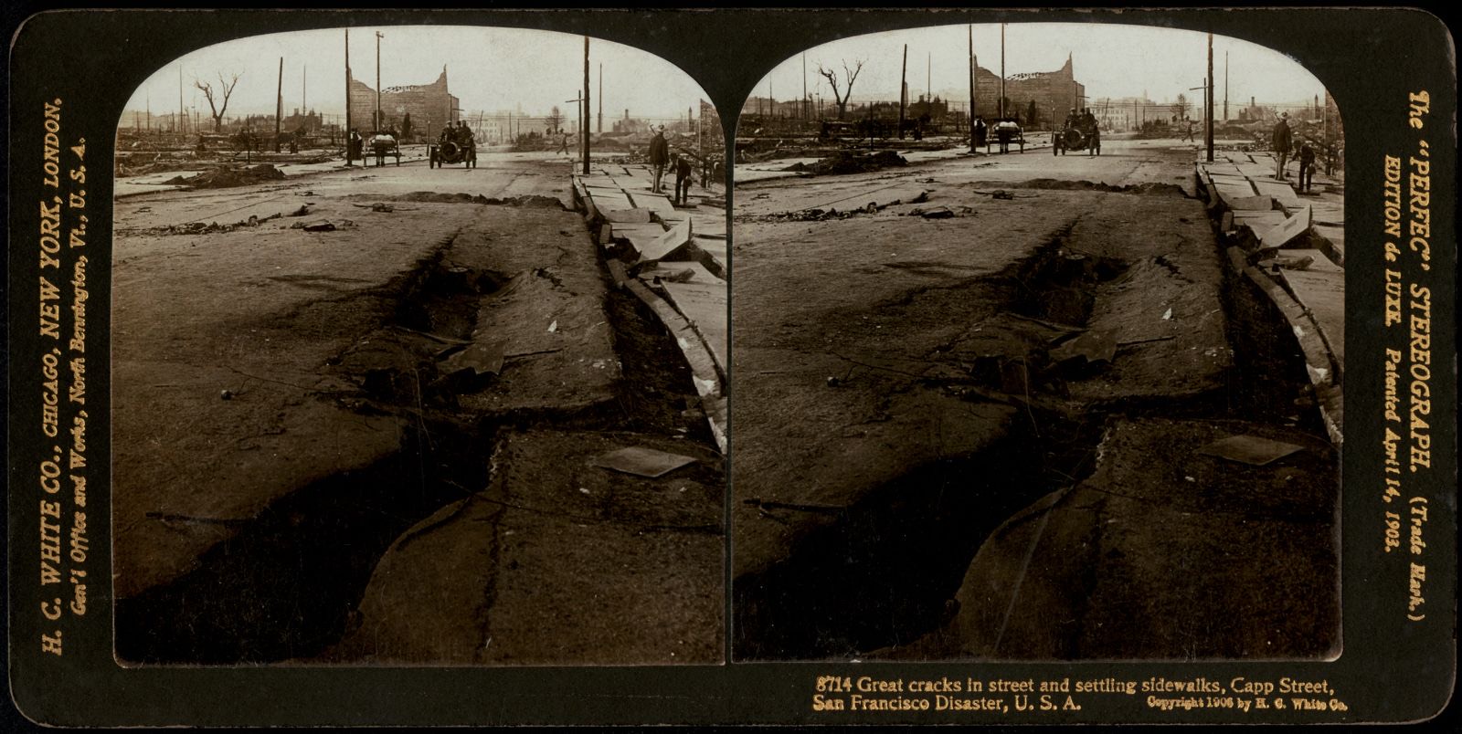 Great cracks in street and settling sidewalks, Capp Street, San Francisco disaster, U.S.A., Boston Public Library - undated