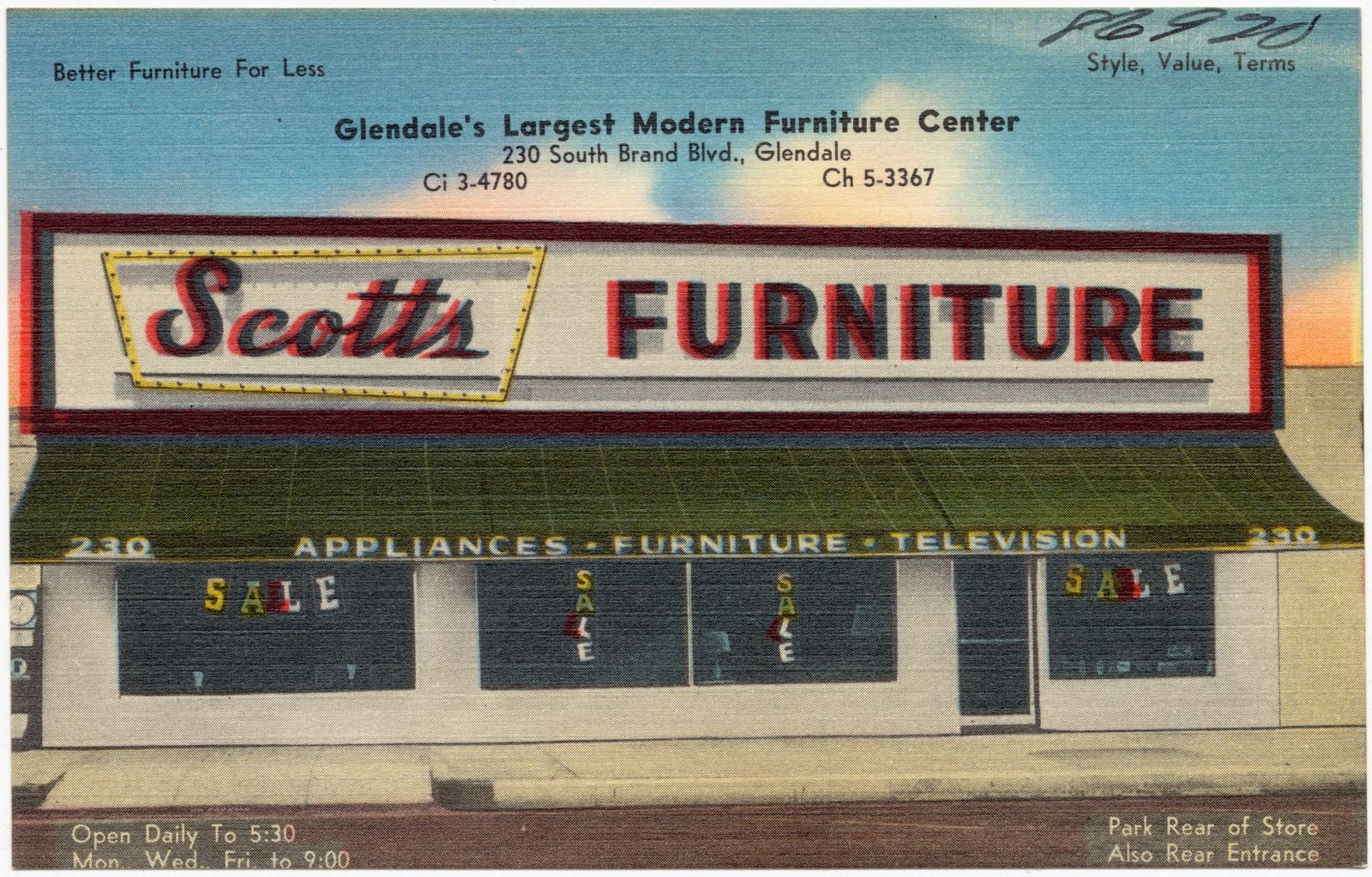 Scotts Furniture, Glendale's largest modern furniture center, 230 South Brand Blvd., Glendale, Boston Public Library - undated