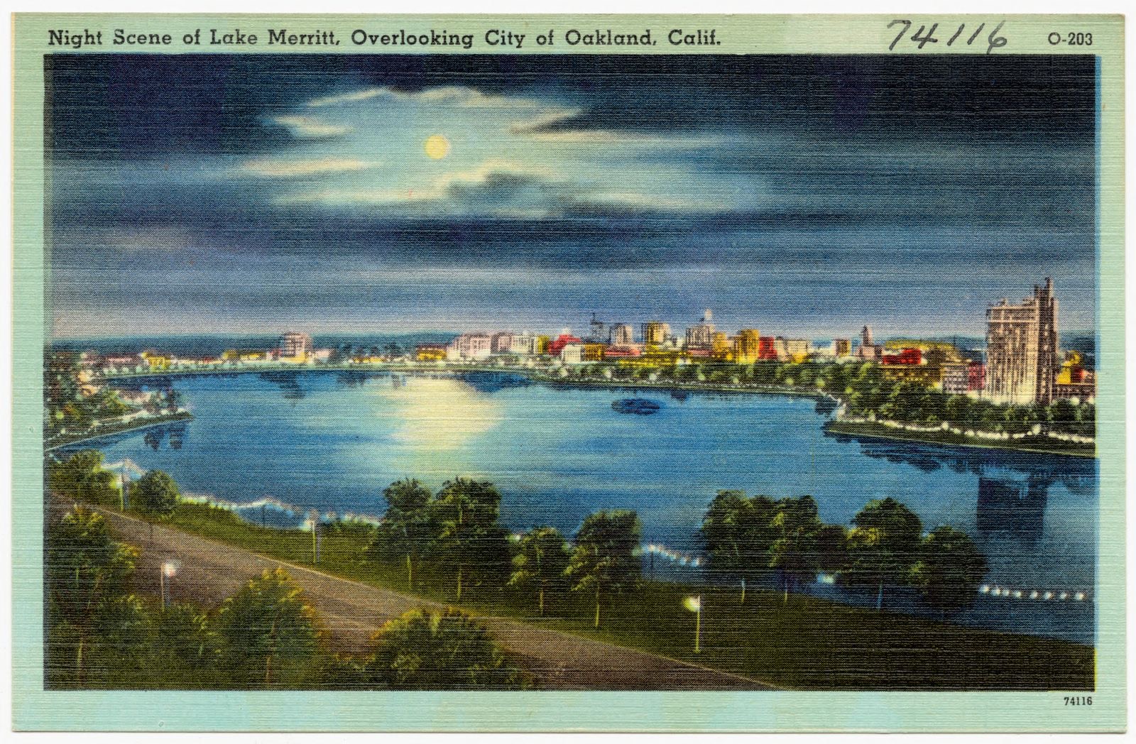 Night Scene of Lake Merritt, Overlooking City of Oakland, Calif., Boston Public Library - undated