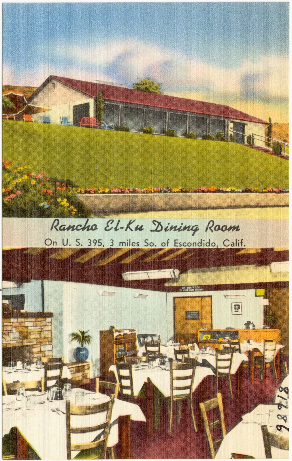 Rancho El-Ku Dining Room, On U. S. 395, 3 miles So. of Escondido, Calif., Boston Public Library - undated