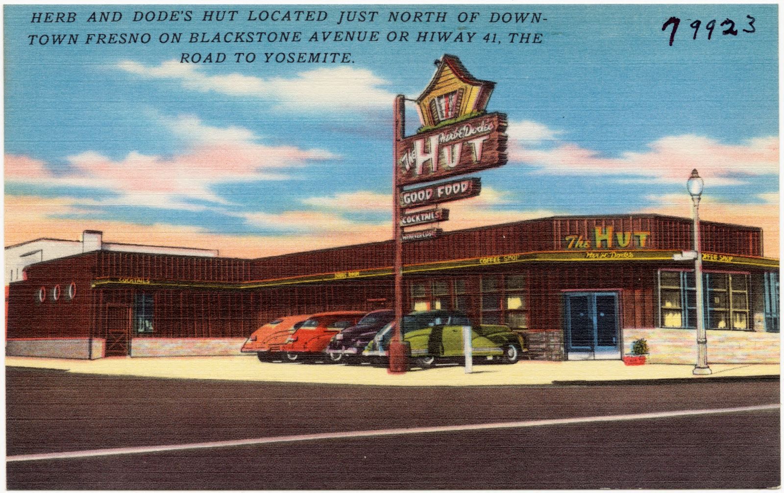 Herb and Dode's Hut located just north of down-town Fresno on Blackstone Avenue or Hiway 41, the road to Yosemite., Boston Public Library - undated