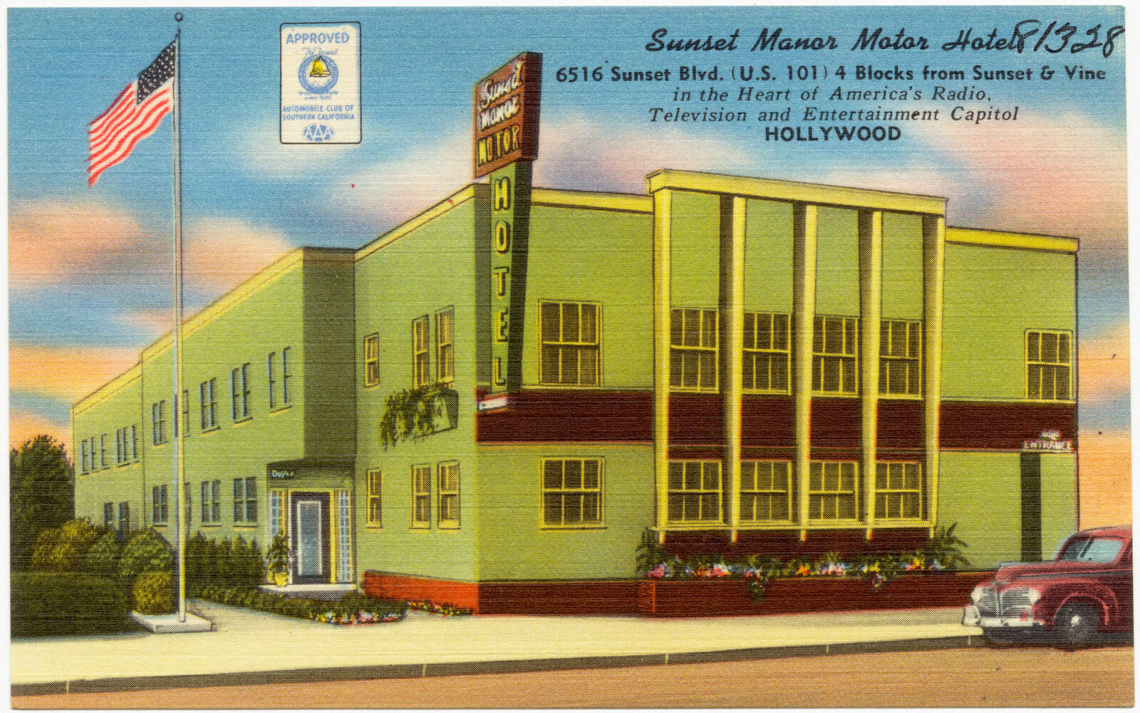 Sunset Manor Motor Hotel, 6516 Sunset Blvd. (U.S. 101) 4 blocks from Sunset & Vine in the heart of America's television and entertainment capitol Hollywood, Boston Public Library - undated