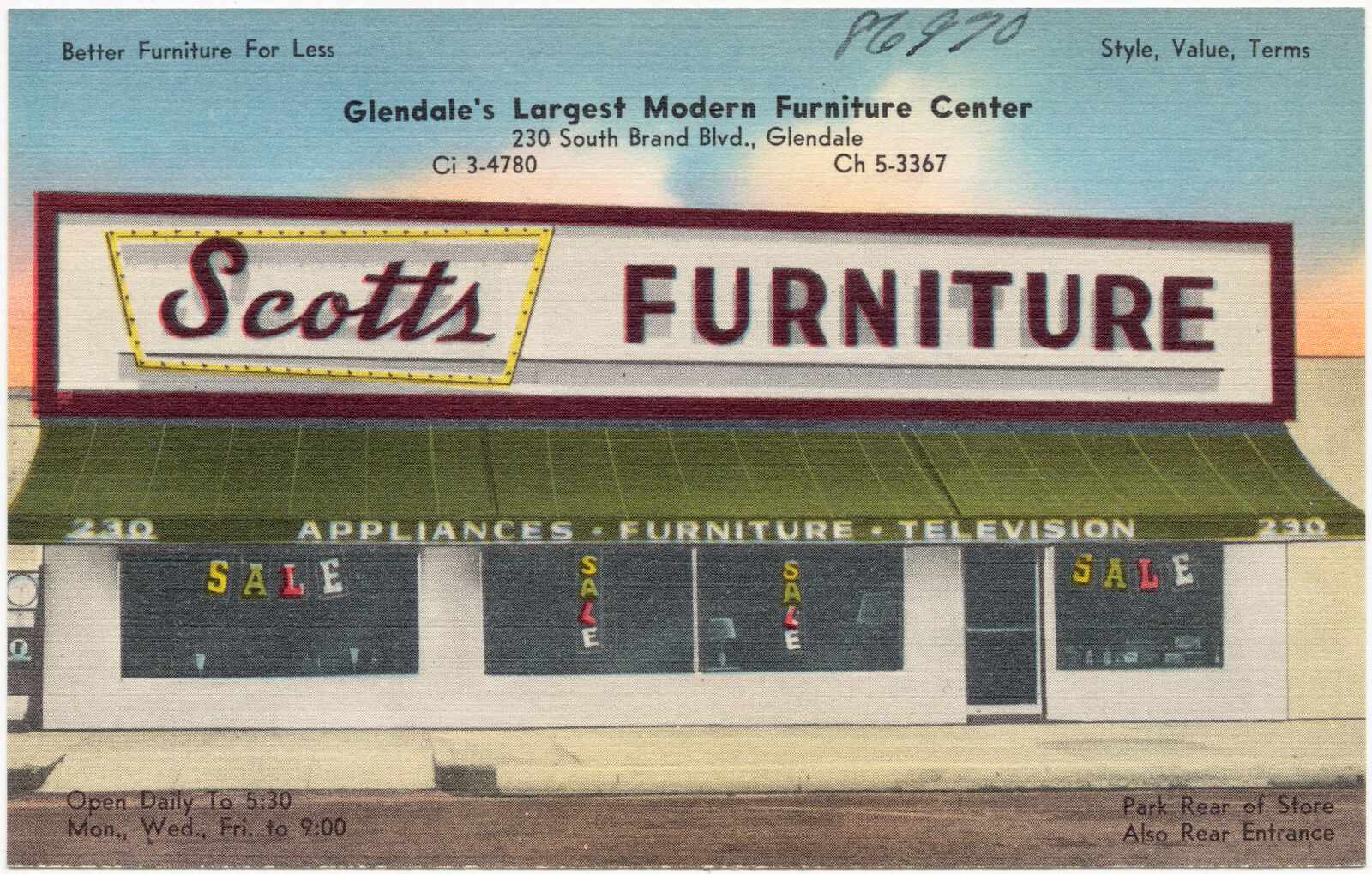 Scotts Furniture, Glendale's largest modern furniture center, 230 South Brand Blvd., Glendale, Boston Public Library - undated