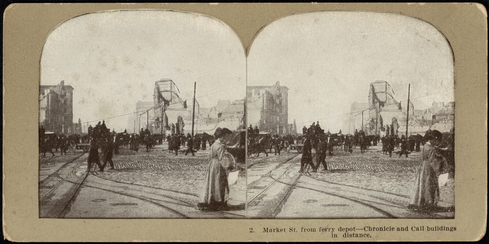 Market St. from ferry depot -- Chronicle and Call buildings in distance, Boston Public Library - undated