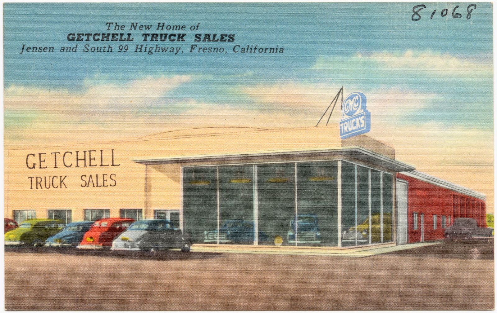 The New Home of Getchell Truck Sales, Jensen and South 99 Highway, Fresno, California, Boston Public Library - undated