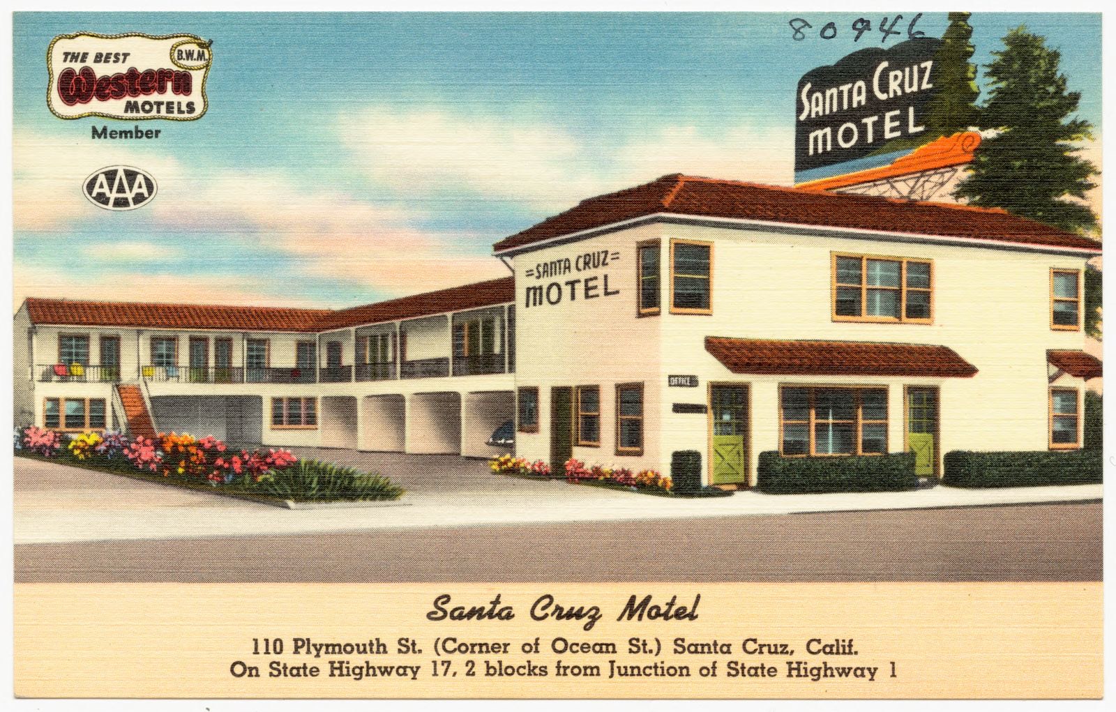 Santa Cruz Motel, 110 Plymouth St. (Corner of Ocean St.), Santa Cruz, Calif., Boston Public Library - undated