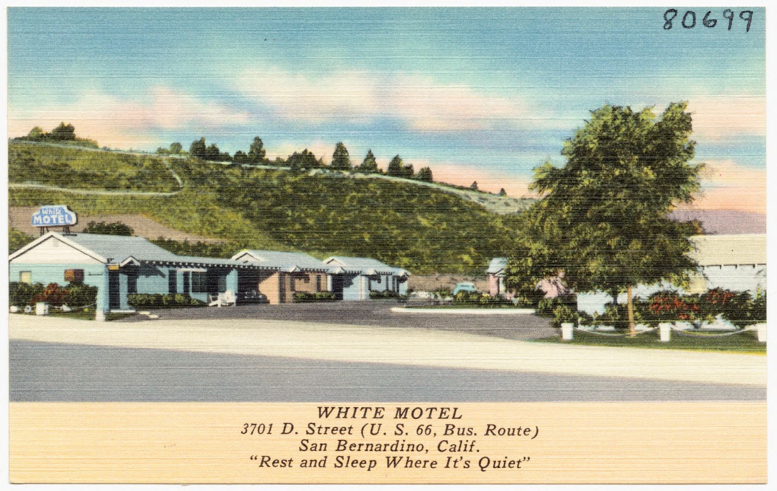 White Motel, 3701 D. Street (U. S. 66, Bus. Route), San Bernardino, Calif., "Rest and sleep where it's quiet", Boston Public Library - undated