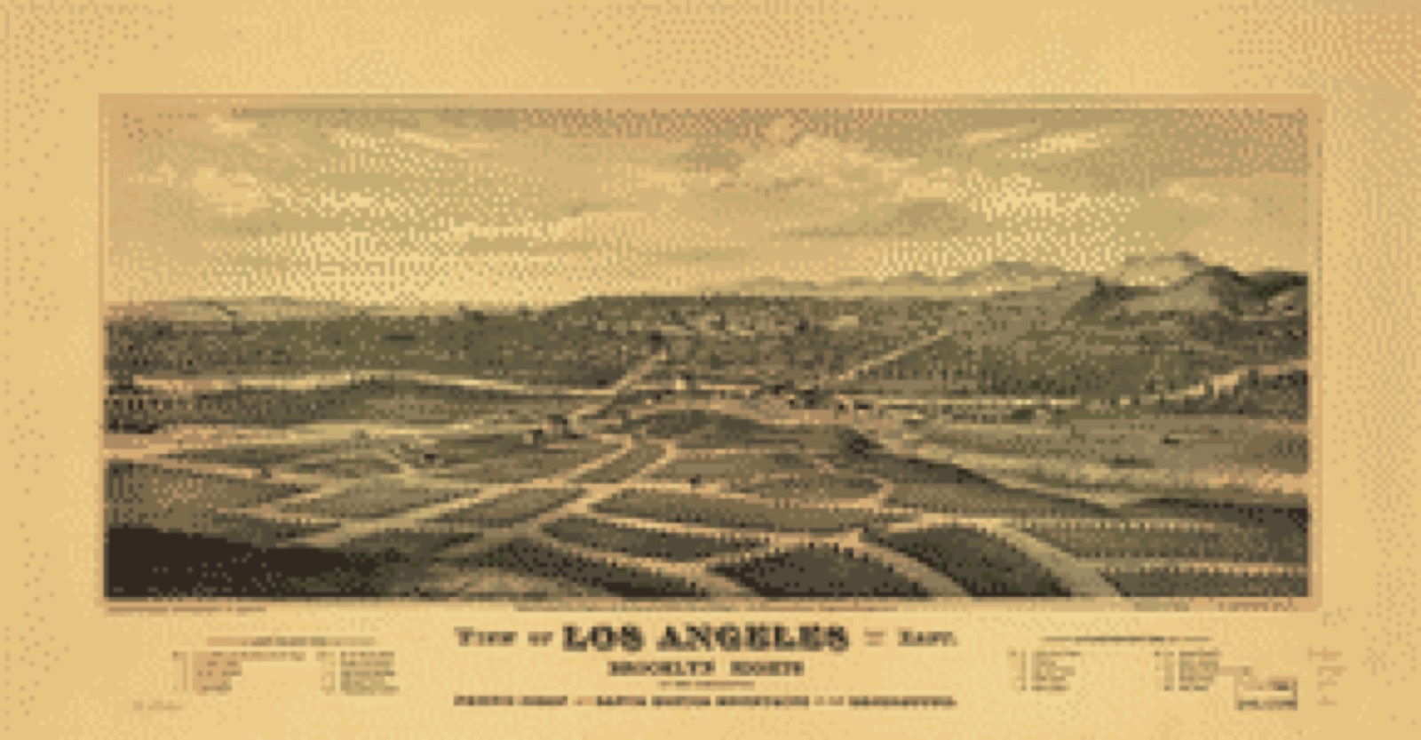 Bird's-eye view, 1877 - View of Los Angeles from the east. Brooklyn Hights in the foreground; Pacific Ocean and Santa Monica Mountains in the background