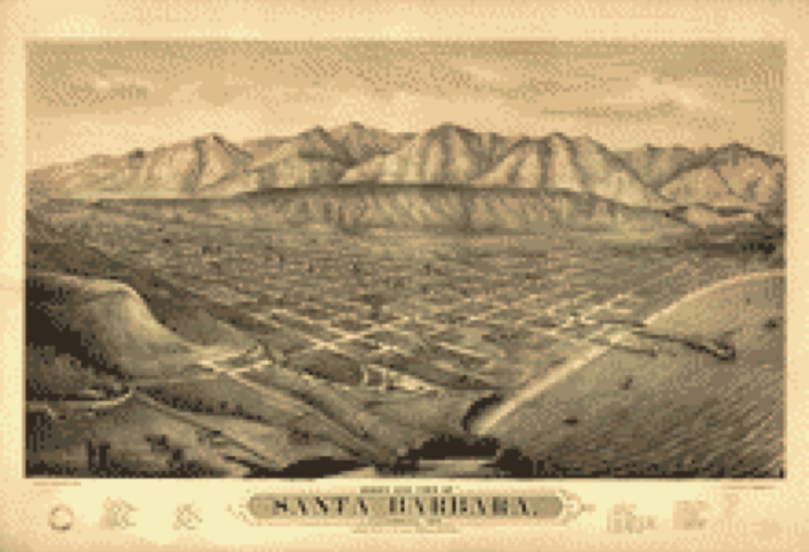 Bird's-eye view, 1877 - Bird's eye view of Santa Barbara, California, 1877. Looking north to the Santa Barbara Mountains