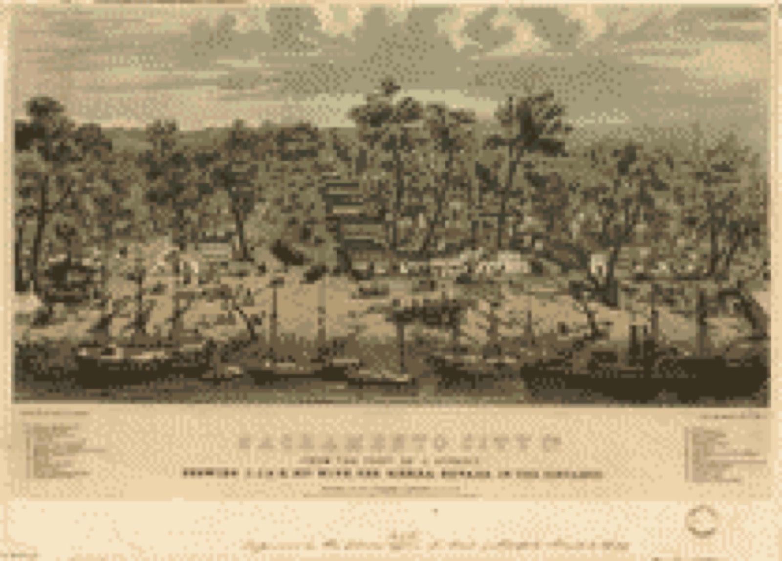 Bird's-eye view, 1850 - Sacramento city, Ca. from the foot of J. Street, showing I., J., & K. Sts. with the Sierra Nevada in the distance