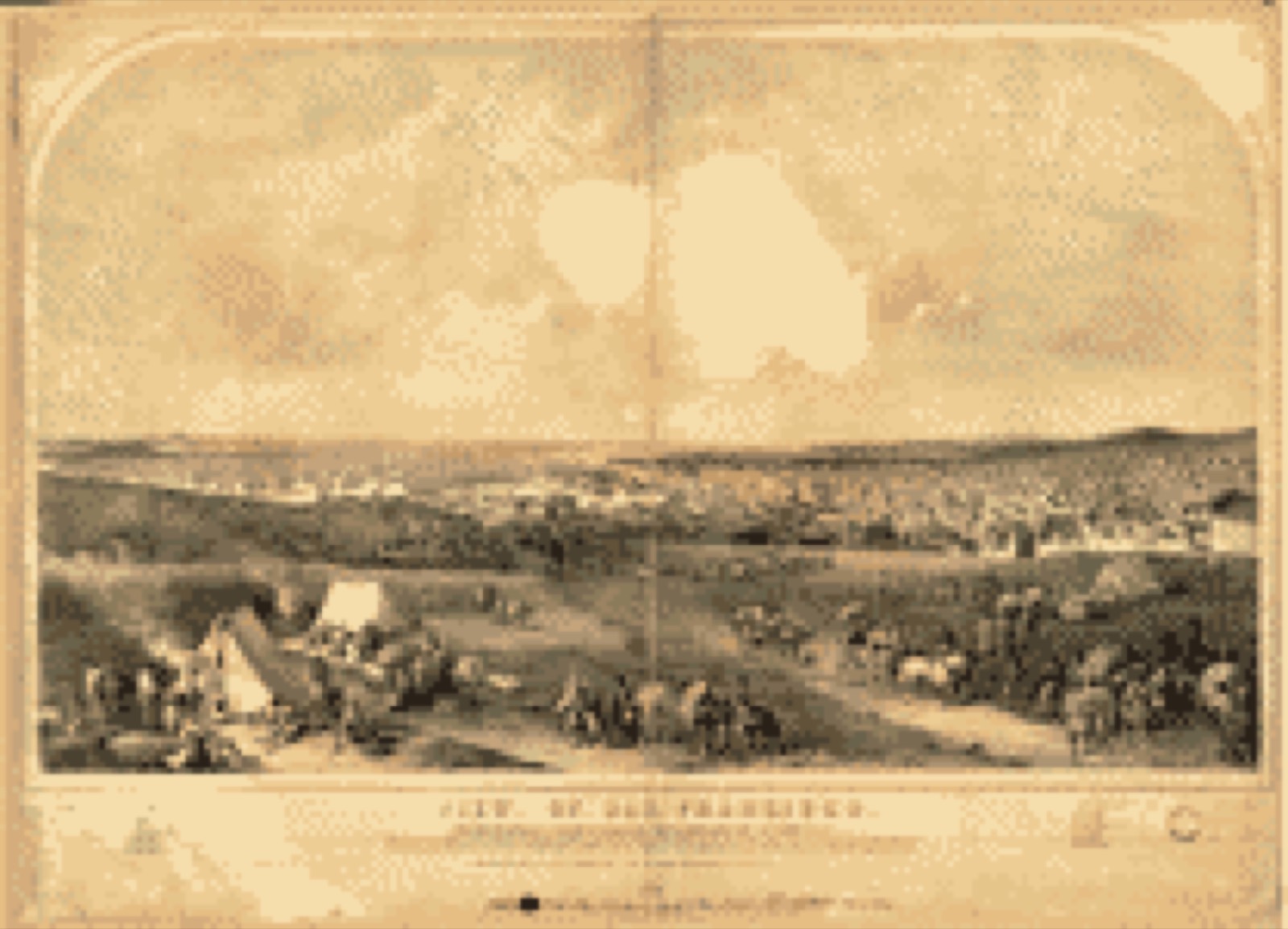 Bird's-eye view, 1851 - View of San Francisco, Taken from the Western Hill at the foot of Telegraph Hill, looking toward Ringon Point and Mission Valley