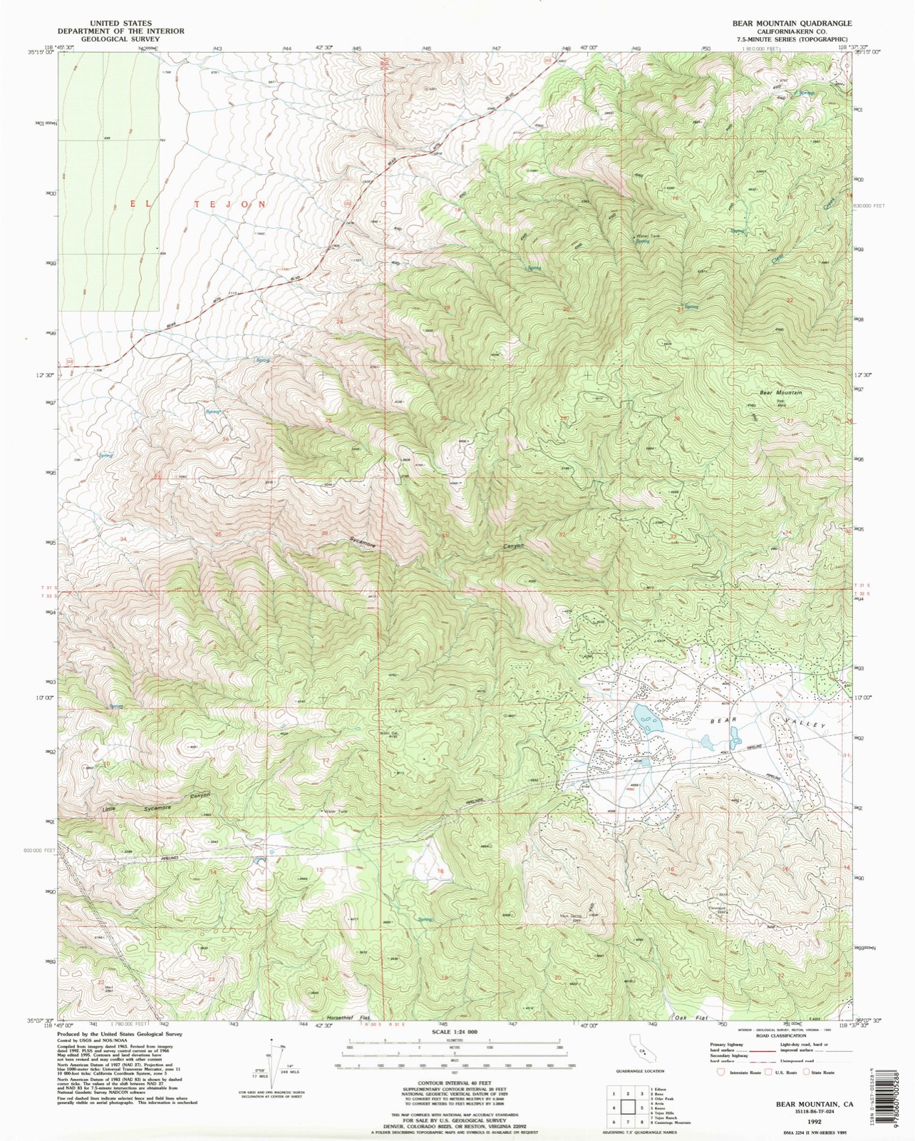 Topographic sheet of Bear Valley Springs, surveyed 1992